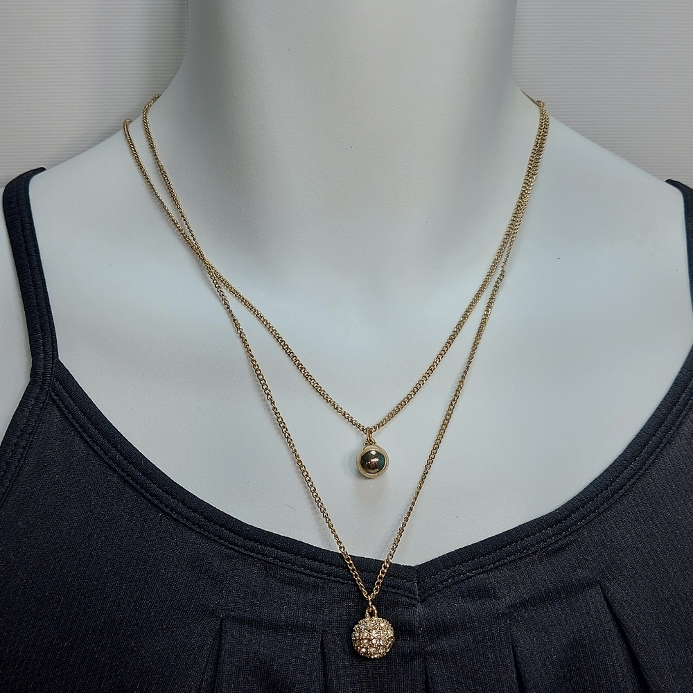 Double Strand Layered Gold Tone Rhinestone Sphere Pendants